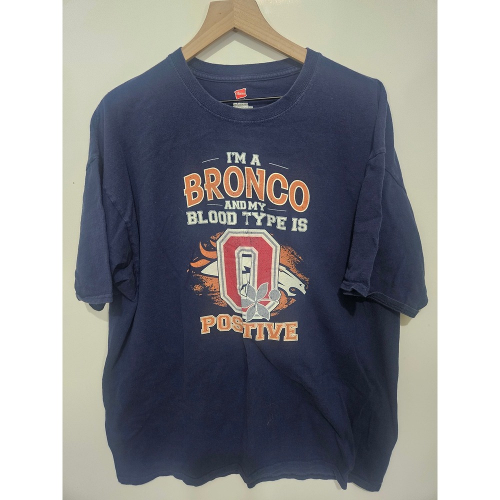 Hanes Mens Bronco Blood Type O Positive Graphic T-Shirt Navy Blue 2XL 2TG